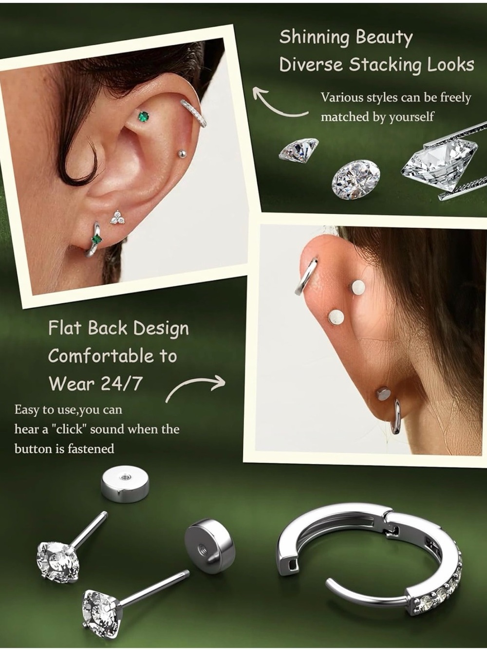 9 pairs silver plated steel hoops and flat back earrings - silver and emerald cz - Picture 4 of 5
